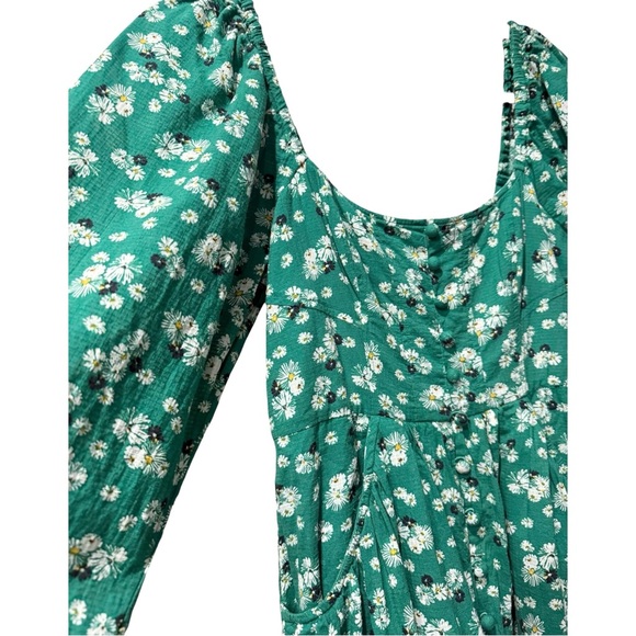 Anthropologie Puff Sleeve Button Front Ruched Green Floral Mini Dress Small - Picture 5 of 10